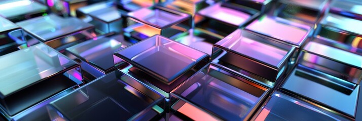 Abstract render of colorful glass geometric shapes with reflective surfaces. Vibrant and reflective glass contrast against geometric shapes, creating an abstract and futuristic atmosphere. 
