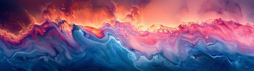 A stunning depiction of an otherworldly skyline, with fiery colors cascading over a serene, marbled ocean pattern
