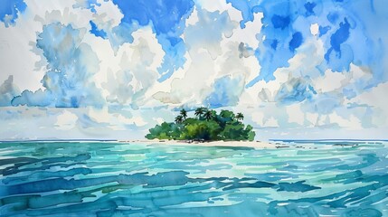 Watercolor tropical island surrounded by the ocean