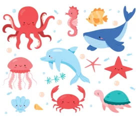 Poster Vie marine Set of sea animals.Cute ocean fish, octopus, shark and turtle, jellyfish, crab and seal. Underwater wildlife