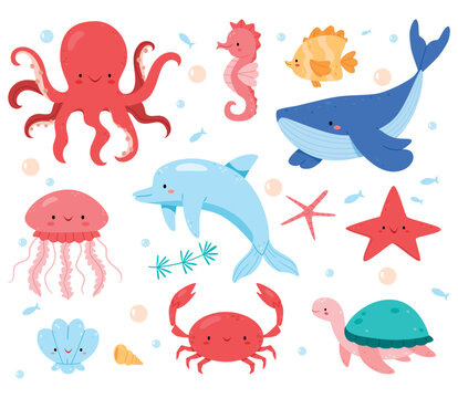Set of sea animals.Cute ocean fish, octopus, shark and turtle, jellyfish, crab and seal. Underwater wildlife