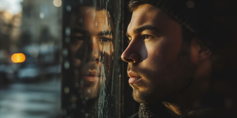 Young, reflective man looking out a window, his image mirrored on the glass against a city backdrop