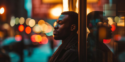 Young African American man looking out thoughtfully with city lights creating a vibrant bokeh