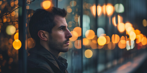Contemplative young man looking out onto a street lit by the warm bokeh of evening lights