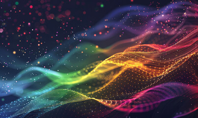 An artistically designed image featuring colorful waves in a dynamic digital spectrum with a feel of movement