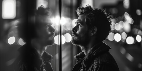 Black and white image of a thoughtful man with a reflection on glass amidst soft background lights