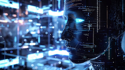 Futuristic AI female interface in cyber sanctuary visual
