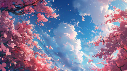 A serene scene with cherry blossoms in full bloom set against a bright blue sky, evoking renewal and the beauty of nature