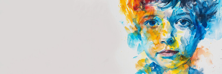 Colorful watercolor painting of a child's face blending into an abstract background, showcasing creativity and the concept of childhood imagination - obrazy, fototapety, plakaty