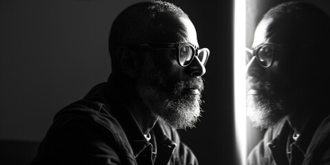 Mature bearded man in glasses, profile illuminated by stark contrast light, introspective mood