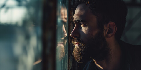 A young bearded man gazes out the window, his face half-lit by the soft daylight, reflecting