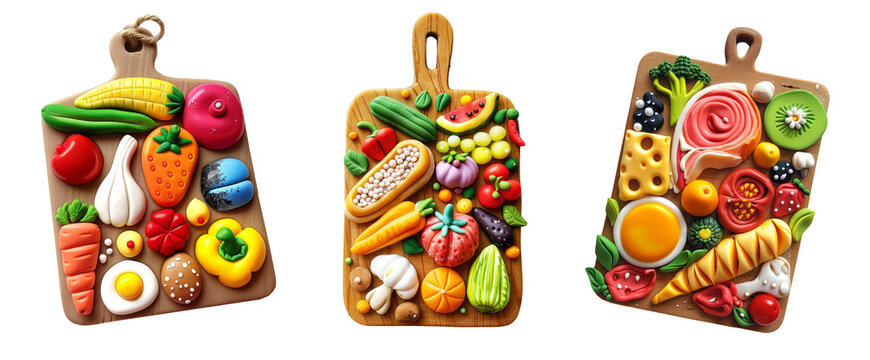 Refrigerator clay magnets decoration set. Cutting board with food collection