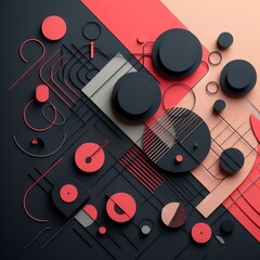 Abstract colored paper texture background. Minimal geometric shapes and lines in red and black.