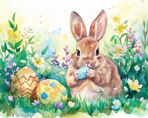 Watercolor Easter Bunny with eggs