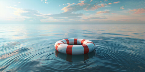 A life ring floating on the ocean, on blue sky and sea in the background. Life preserver in sea banner - obrazy, fototapety, plakaty