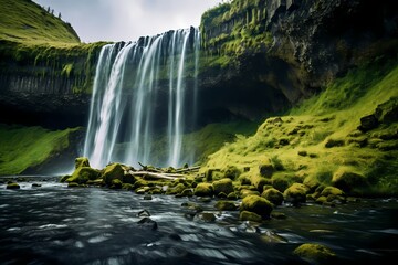 Majestic waterfalls descending from moss-covered cliffs, blending seamlessly into a verdant landscape