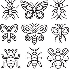 Insects coloring pages for coloring book. Insects outline vector.