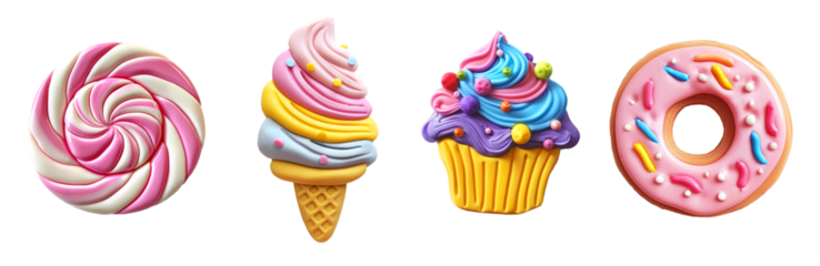 Refrigerator clay magnets decoration set. Sweet sugar food collection