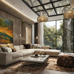 modern living room with fireplace - obrazy, fototapety, plakaty