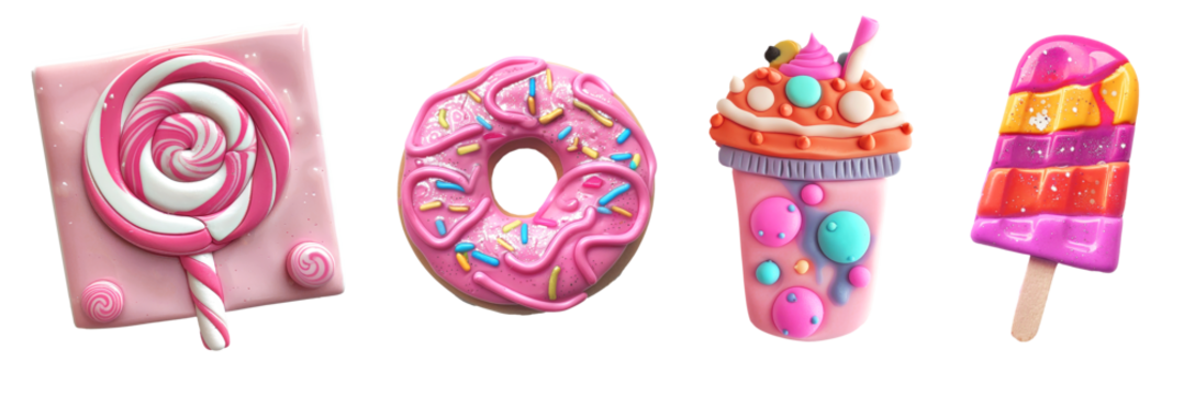 Refrigerator clay magnets decoration set. Sweet sugar food collection