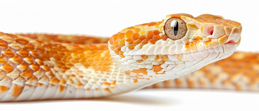  A photo of a close-up snake head, with orange and white stripes on its body, against a pure white backdrop