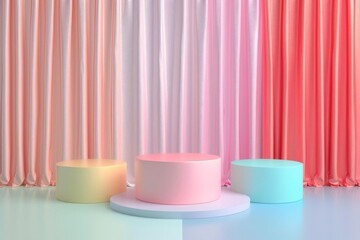 Fototapeta na wymiar Set of abstract 3D podiums on pastel background, digital illustration