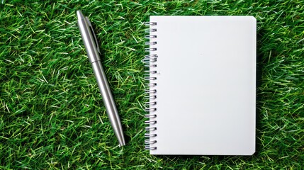 Crisp white notebook with silver pen on a vibrant green backdrop invites creativity. A pristine notebook awaits the flow of ink - Powered by Adobe