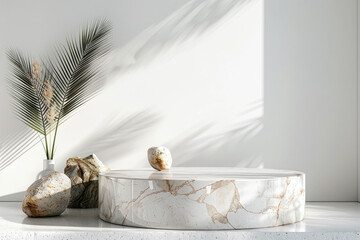 Fototapeta na wymiar marble podium for product photo shot in natural Hampton style