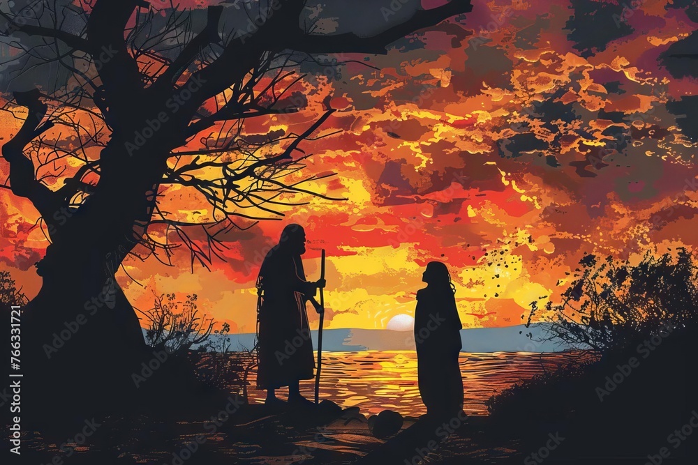 Wall mural silhouette of elijah and the widow of zarephath, biblical story of provision and faith - Wall murals