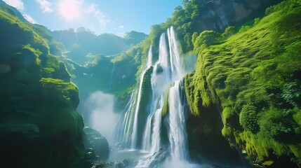 Majestic waterfall cascading down a lush, emerald-green mountainside under a clear blue sky. Sunlight glistens on the water droplets. - obrazy, fototapety, plakaty