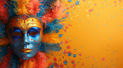 A detailed blue Venetian mask with orange feathers against a yellow background depicting luxury and disguise