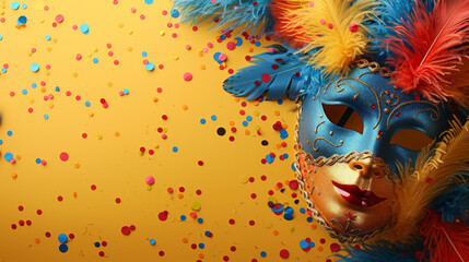 A single Venetian mask with blue feathers lying on a yellow background sprinkled with confetti, exuding mystery