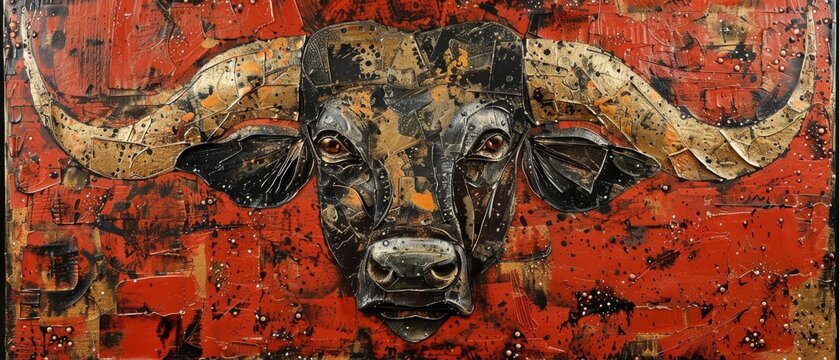  A bull's head painted on a red backdrop, adorned with gold splatters