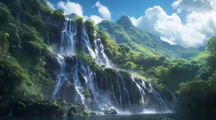 Fotobehang Majestic waterfall cascading down a lush, emerald-green mountainside under a clear blue sky. Sunlight glistens on the water droplets. © Nature