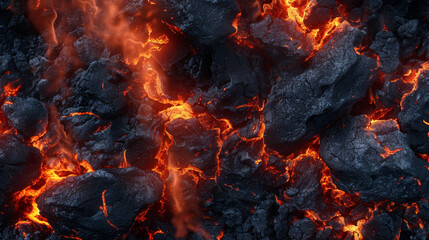 A close up of a black rock with orange flames coming out of it