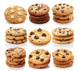 Variety of chocolate chip cookies and sweet treats isolated on white