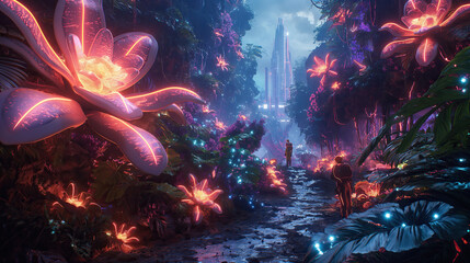 A neon-lit jungle with glowing, oversized flowers and a path leading to a futuristic city, with...