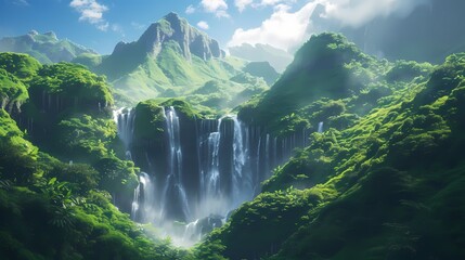 Majestic waterfall cascading down a lush, emerald-green mountainside under a clear blue sky. Sunlight glistens on the water droplets.