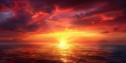 Schilderijen op glas sunset in sea  tropical beach seascape horizon,  Orange and golden sunset sky calmness tranquil relaxing, banner © Planetz