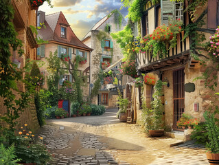 Quaint cobblestone street in a picturesque old European town with flowering balconies