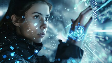Electric blue graphics illuminate as woman gazes at futuristic screen