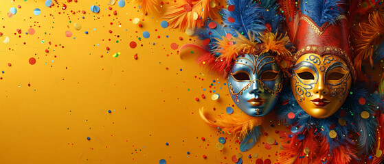 Pair of vibrant Venetian carnival masks adorned with feathers and surrounded by confetti on a yellow background