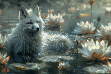 Fototapeta premium A painting featuring a white fox surrounded by water lilies in a pond, travel concept.