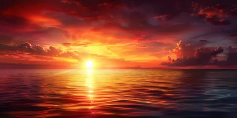 Muurstickers sunset in sea  tropical beach seascape horizon,  Orange and golden sunset sky calmness tranquil relaxing, banner © Planetz