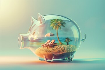 llustration of a transparent piggy bank. The inside of the piggy bank has a small island with sunbed symbolizing the holiday. Theme of vacation and savings or travel agency - obrazy, fototapety, plakaty