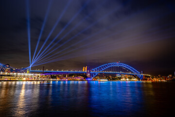 Sydney, Australia - Sydney Harbour Bridge illuminated during Vivid Sydney, the annual festival of...