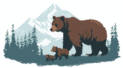 Brown Bear and Two Cubs against a Forest and Mountain