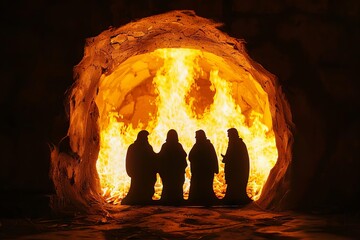 silhouette of the fiery furnace, biblical story of faith in persecution - obrazy, fototapety, plakaty