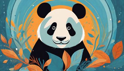 Illustration of cute panda and nature. Wild animal. Modern abstract art