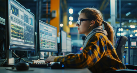 Focused woman working efficiently with multiple computer monitors in a modern tech environment